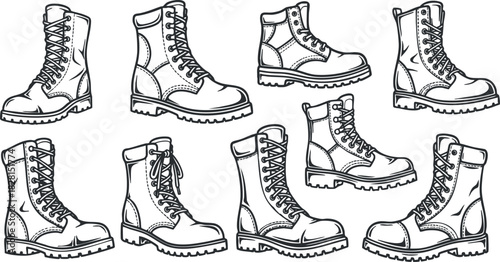 Collection of line art vector illustrations featuring various styles of rugged boots for fashion and outdoor design projects