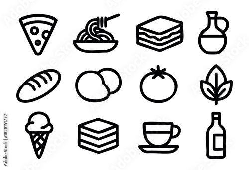 Set of Italian cuisine icons in simple bold-line style: pizza, pasta, lasagna, olive oil, bread, tomato, ice cream, coffee, and wine.