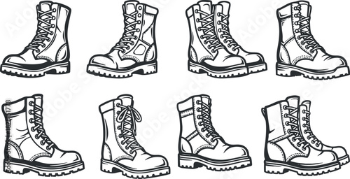 Stylized vector illustration set of various boot designs featuring rugged and fashionable styles for outdoor and casual wear