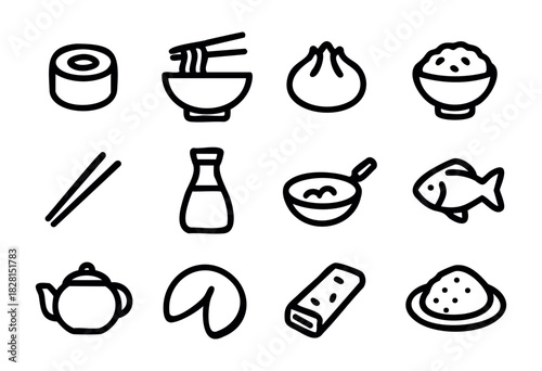 Set of Asian cuisine icons in minimalist bold-line style: sushi roll, ramen bowl, dumpling, rice bowl, chopsticks, soy sauce bottle, soup bowl, fish, teapot, fortune cookie, spring roll, curry plate.