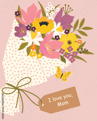 Bouquet of spring fresh flowers wrapped in gift paper. Beautiful lush roses for Mother's Day. Holiday floral decor. Hand-drawn Vector set. Colorful isolated illustration