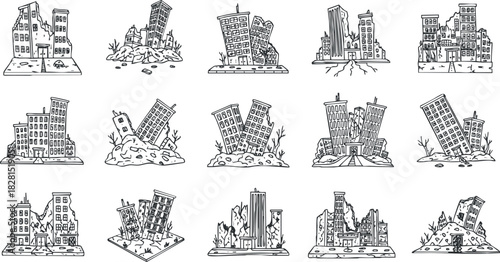 Outline vector illustration set of destroyed buildings and urban structures depicting disaster and devastation scenes for emergency planning and awareness.