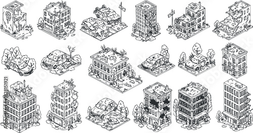Hand-drawn black and white vector illustration of various urban buildings and city structures for design and creative projects
