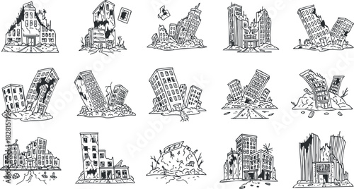 Sketchy black and white vector collection of destroyed buildings and urban ruins for disaster and architecture design projects