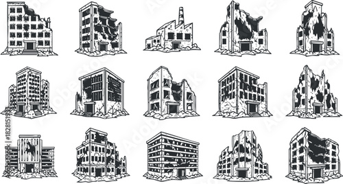 Illustration set of damaged and abandoned buildings in black and white, perfect for urban decay themes and design projects