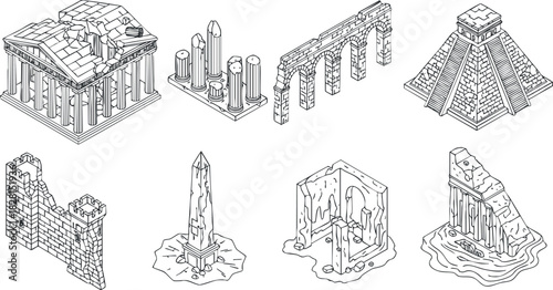 Detailed outline vector illustration of ancient architectural monuments and ruins, ideal for historical design projects and educational materials