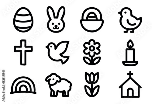 Set of Easter icons in bold-line minimalist style: egg, bunny, basket, chick, cross, dove, flower, candle, rainbow, lamb, tulip, church.