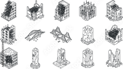 Geometric vector illustration set showcasing various abandoned and destroyed buildings in a minimalist line art style for urban design projects
