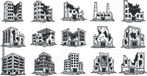 Detailed vector illustration set of abandoned and destroyed buildings in a black and white sketch style, ideal for urban design projects.