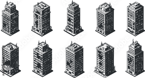 Isometric vector illustration of urban skyscrapers showcasing a modern architectural style for city planning and design projects