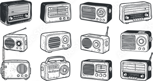 Collection of vintage radio vector illustrations featuring various styles and designs for retro-themed projects