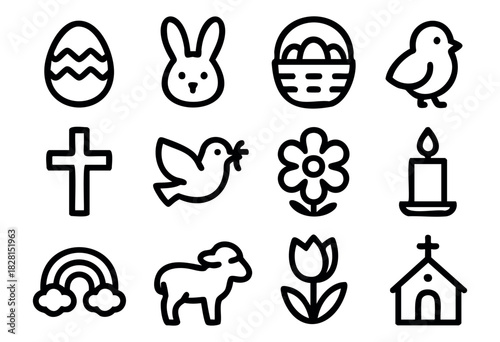 Set of Easter icons in bold-line minimalist style: egg, bunny, basket, chick, cross, dove, flower, candle, rainbow, lamb, tulip, church.