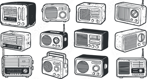 Vintage vector illustration set of retro radios in various styles for music and communication design projects