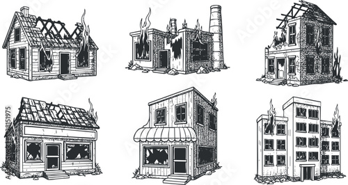 Hand-drawn vector illustrations of various burning houses, depicting destruction and disaster in a monochrome style.