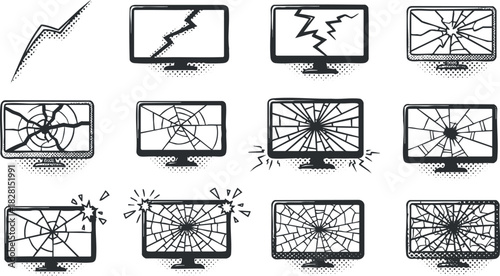 Collection of vector illustrations depicting various styles of broken computer screens and monitors for design and technology projects