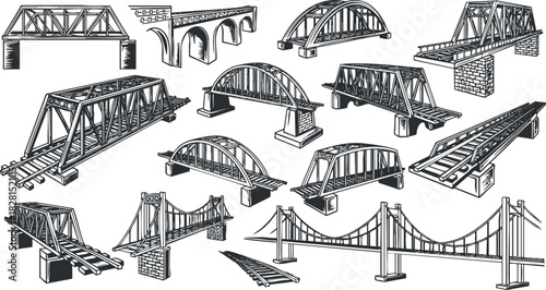 Collection of hand-drawn vector illustrations showcasing various types of bridges for architectural and engineering projects