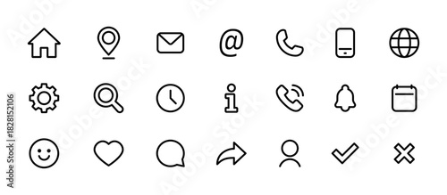 Interface icons set. Home, mail, phone, user, location, globe, settings and other interface elements in clean outline style vector illustration. Essential web and mobile app tools signs and icons.