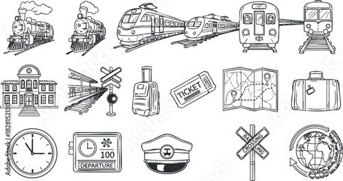 Collection of hand-drawn vector icons depicting trains, travel elements, and railway symbols for transportation and journey design.