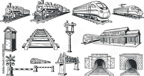 Detailed black and white vector illustration set of various trains, railway elements, and transportation infrastructure for design projects