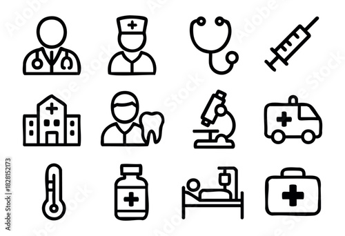 Set of medical icons in simple bold-line style: doctor, nurse, stethoscope, syringe, hospital, dentist, microscope, ambulance, thermometer, medicine, patient bed, first aid kit.
