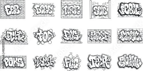 Set of graffiti-style vector illustrations featuring various tags and lettering designs for urban art projects.