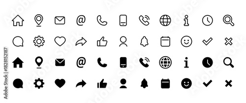 UI icon set. Home, mail, phone, user, chat, settings, clock, bell and other essential interface elements and pictograms vector illustration. Modern web and mobile navigation sign for apps. Glyph style