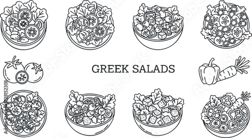 Line art vector illustration of various Greek salads in bowls, suitable for food-related designs and culinary projects