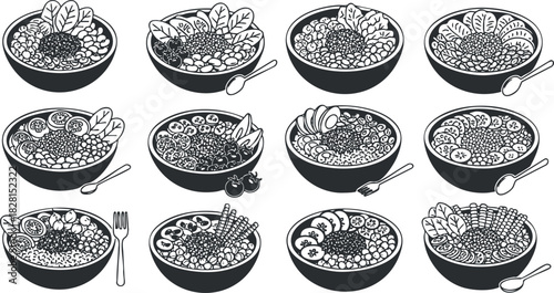 Collection of minimalist black and white vector illustrations of various healthy bowls filled with salads and fruits for dietary and culinary projects