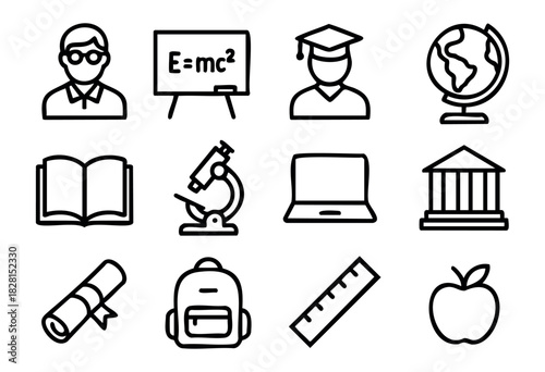 Set of education icons in simple bold-line style: teacher, student, globe, book, microscope, laptop, university, certificate, backpack, ruler, apple, blackboard.