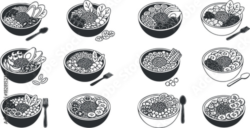 Collection of black and white vector illustrations featuring various healthy bowls of salad and fruits for culinary design