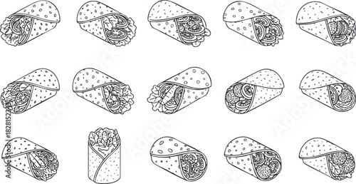 Outline vector collection of tacos and burritos showcasing various fillings and toppings for food design projects