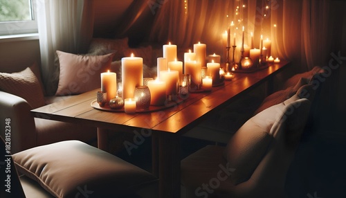 Cozy dining table with warm candles and soft cushions in evening light  