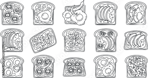 Hand-drawn vector illustration set featuring various toasted bread creations with different toppings, ideal for food-related projects