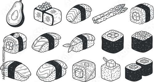 Hand-drawn vector illustration of various sushi types including rolls, nigiri, and sashimi for food-themed design projects