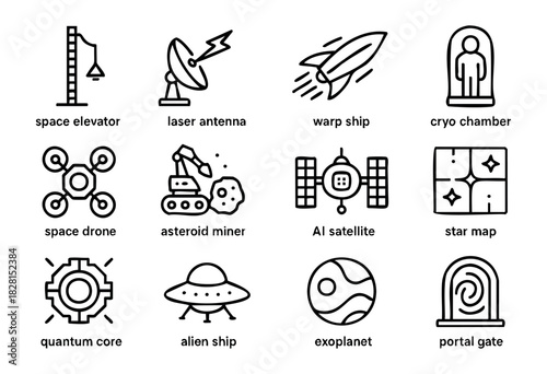 Set of futuristic space icons in simple bold-line style: space elevator, laser antenna, warp ship, cryo chamber, space drone, asteroid miner, AI satellite, star map, quantum core, alien ship, exoplane