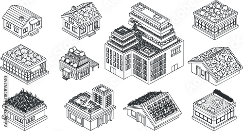 Isometric vector illustration of diverse building styles including homes, gardens, and skyscrapers for urban planning and architecture projects