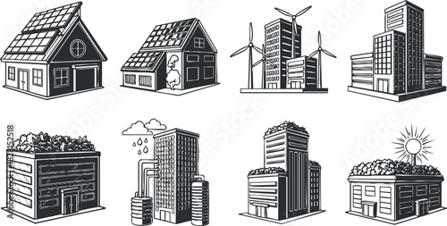Illustration set of eco-friendly buildings featuring solar panels, wind turbines, and modern architecture for sustainability and urban design projects