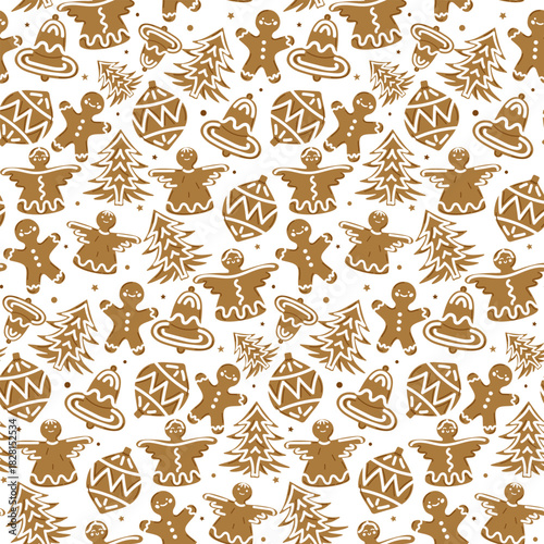 Gingerbread Christmas seamless pattern. Design in pastel colors on white background for Christmas decor, wrappers, prints and backgrounds. Vector illustration