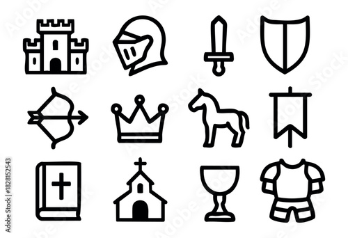 Set of medieval icons in simple bold-line style: castle, knight helmet, sword, shield, bow, crown, horse, banner, bible, church, goblet, armor.
