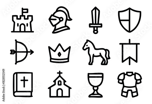 Set of medieval icons in simple bold-line style: castle, knight helmet, sword, shield, bow, crown, horse, banner, bible, church, goblet, armor.