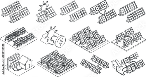 Isometric vector illustration of solar panels and related elements for renewable energy projects and sustainable design