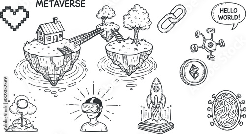 Hand-drawn vector illustration depicting various metaverse elements like virtual reality, connections, and futuristic themes for digital design.