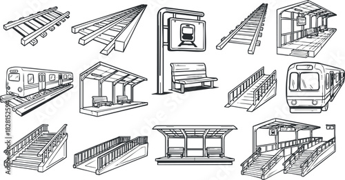 Outline vector illustration set of train and metro station elements, including tracks, platforms, and signage for transport design projects