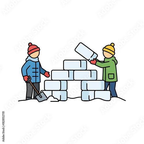 Two workers building an igloo with snow blocks.