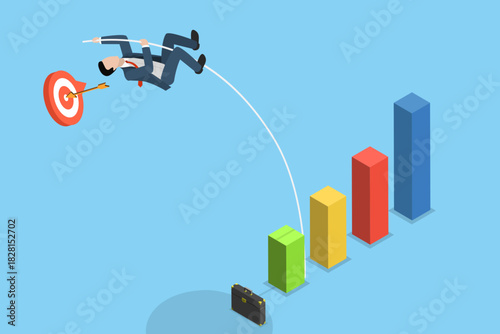3D Isometric Flat Vector Illustration of Financial Success, Businessman Pole Vaulting Over A Growing Bar Graph In A Business Setting.