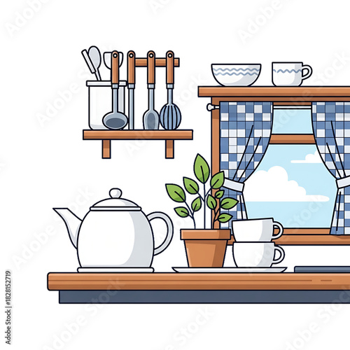A cozy kitchen scene with shelves, kettle, cups and snowy window.