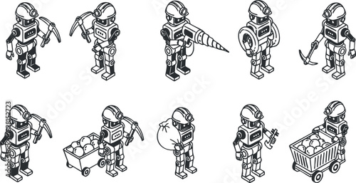 Playful vector illustration set of cartoon robots featuring various designs and tools for technology and gaming projects