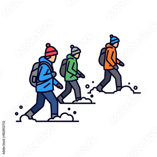 Three people hiking through snow in winter clothing.