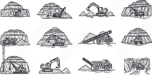 Set of hand-drawn vector illustrations showcasing various mining machinery and equipment in action on a quarry site
