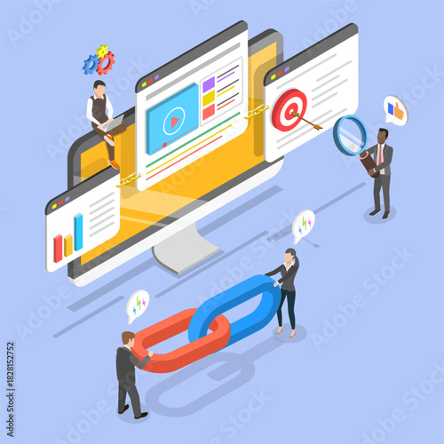 3D Isometric Flat Vector Illustration of Link Building, Mobile Applications Marketing